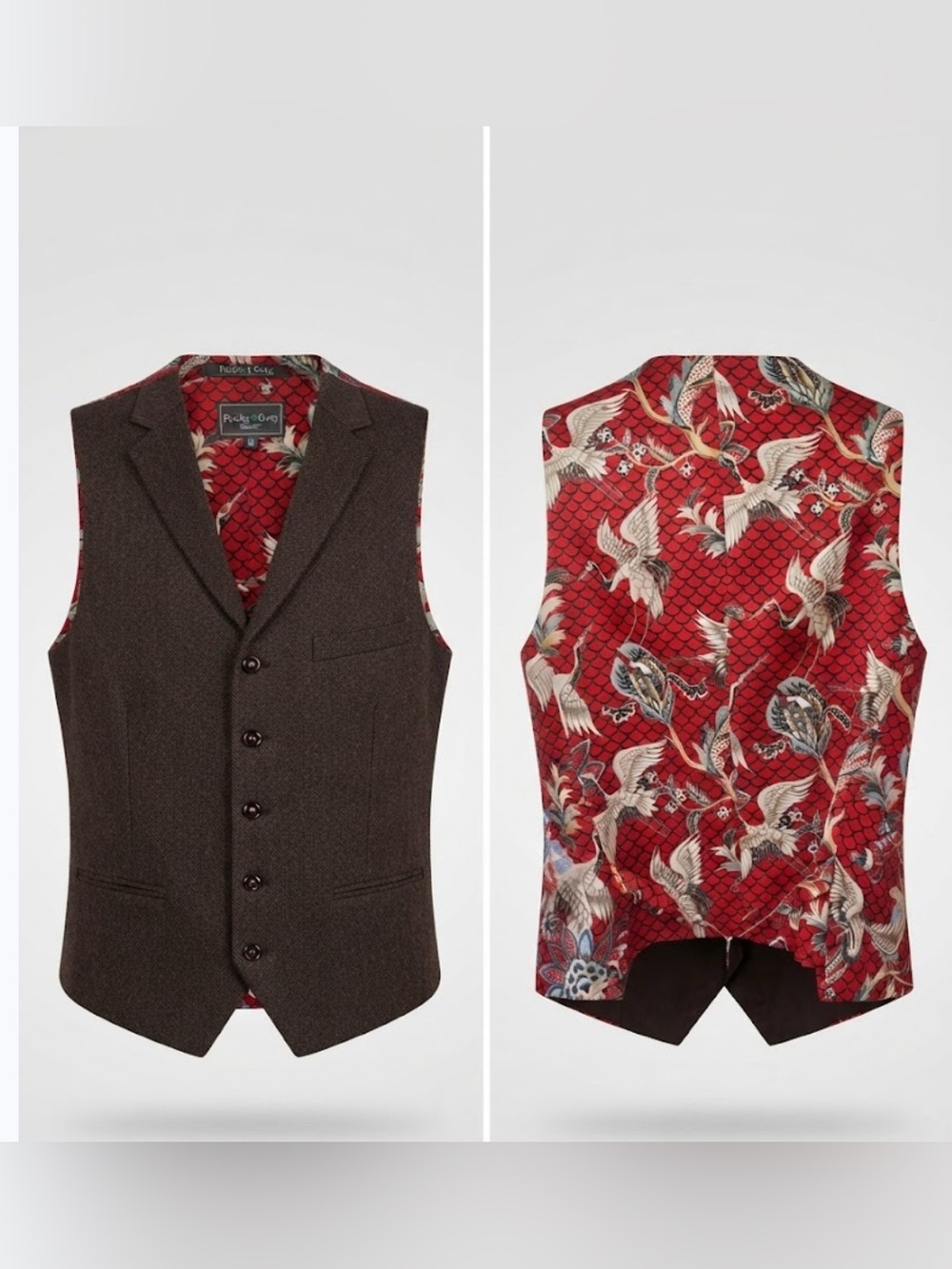 Paisley & Gray Slim Fit Vest, Brown Herringbone Red Crane Floral Print Lining, M